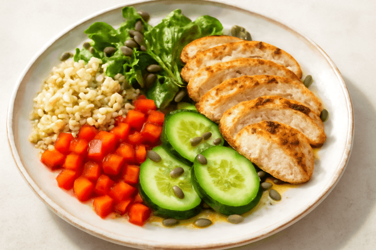 Salată clasică de pui cu orez brun și legume crocante