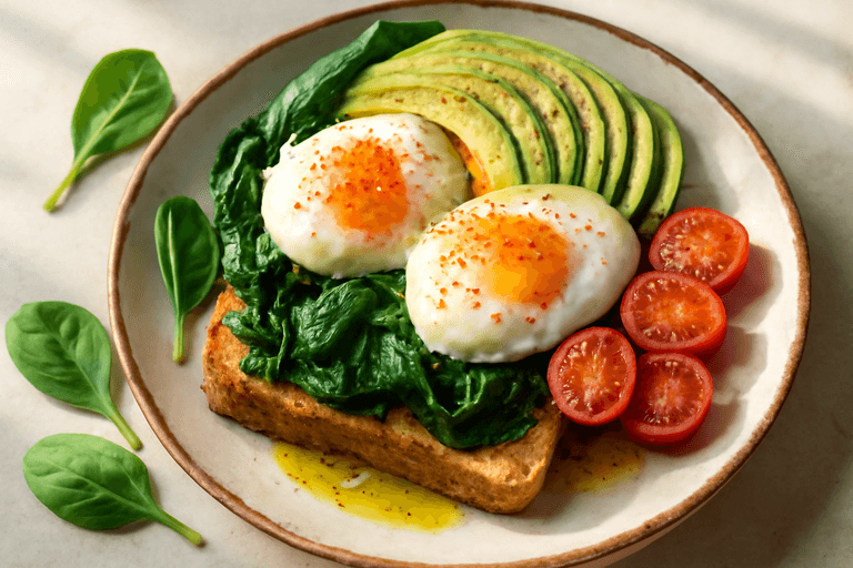 Bol clásico de desayuno energético con huevos y aguacate