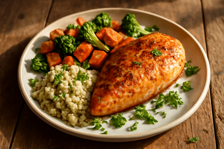 Saftiges Hähnchenbrust-Steak mit Ofengemüse und Quinoa