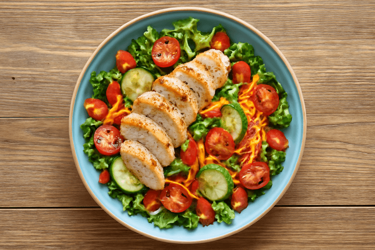 Легкий салат с куриной грудкой и овощами