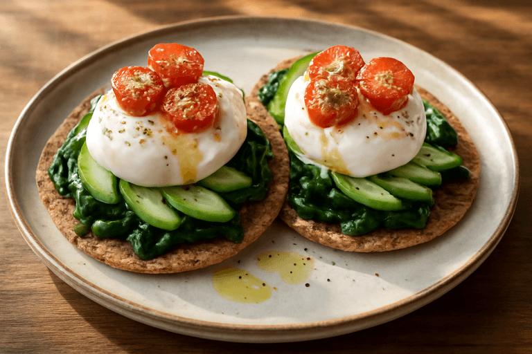 Tostadas Integrales con Huevo Poché, Aguacate y Espinacas