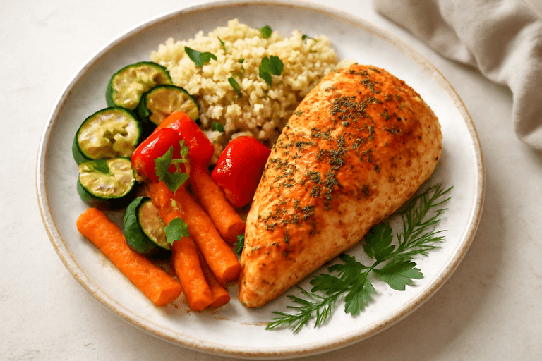 Куриная грудка с печеными овощами и киноа