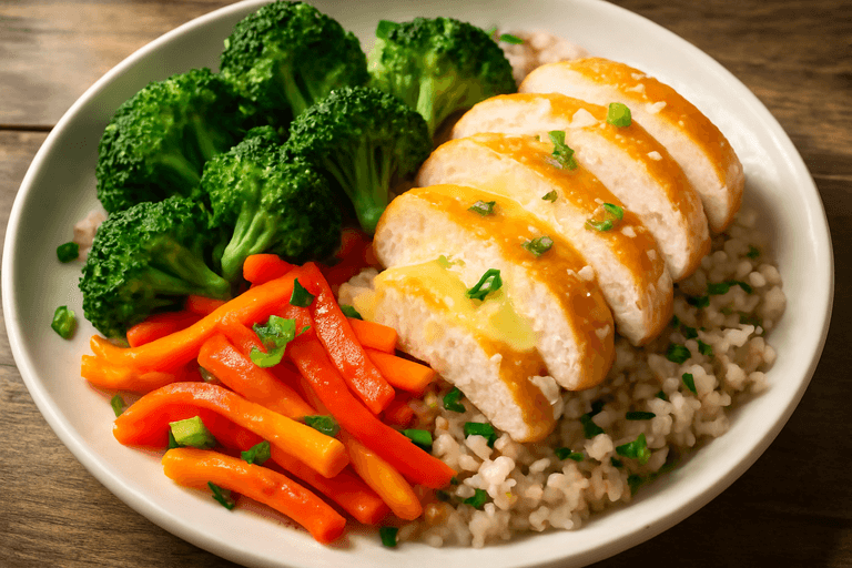 Куриная грудка с овощами на пару и цельнозерновым рисом