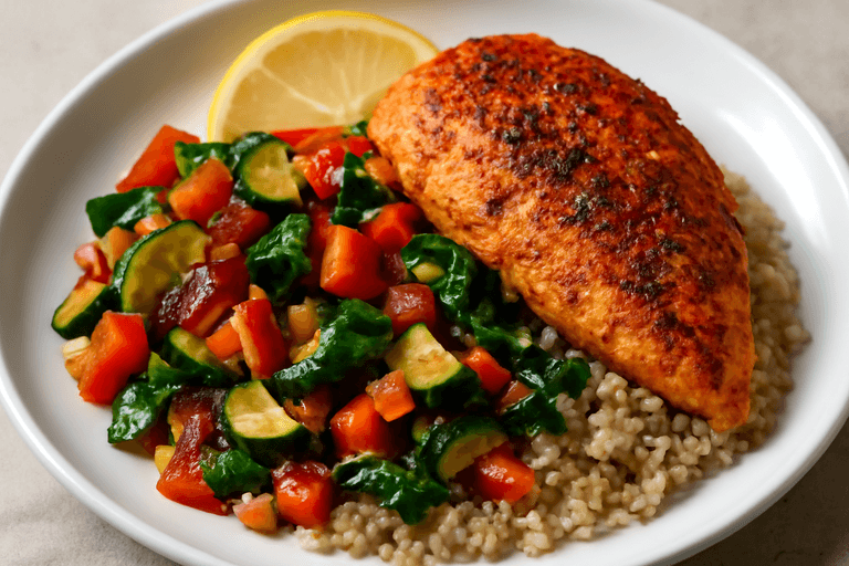 Kryddig kycklingfilé med grönsaksröra och quinoa