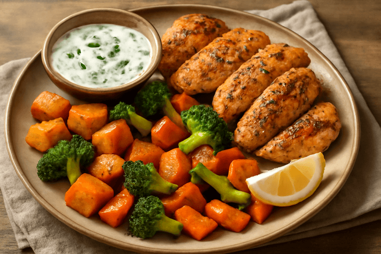 Grillad kyckling med rostade grönsaker och örtig yoghurt