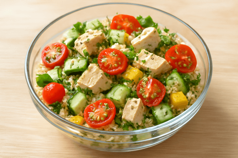 Лёгкий куриный салат с овощами и киноа