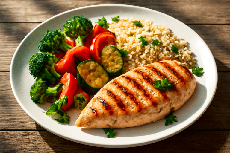 Куриное филе с овощами на гриле и киноа
