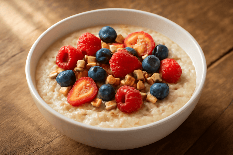 Protein-Porridge mit frischen Beeren und Mandeln