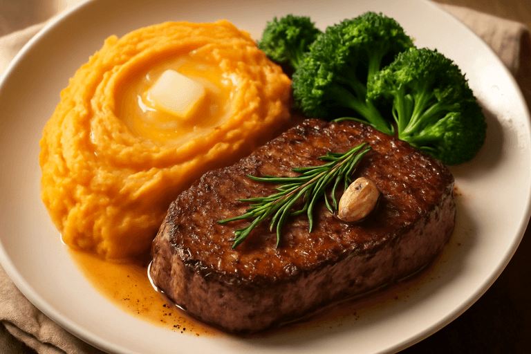 Klassisches Rindersteak mit Süßkartoffelstampf und Brokkoli