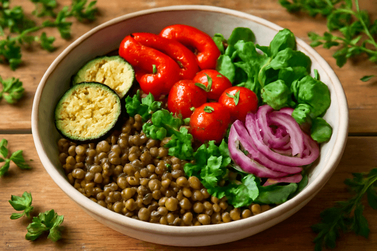Veganer Mediterraner Linsen-Gemüse-Bowl