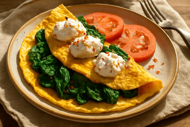 Proteinrik klassisk omelett med spenat och tomat