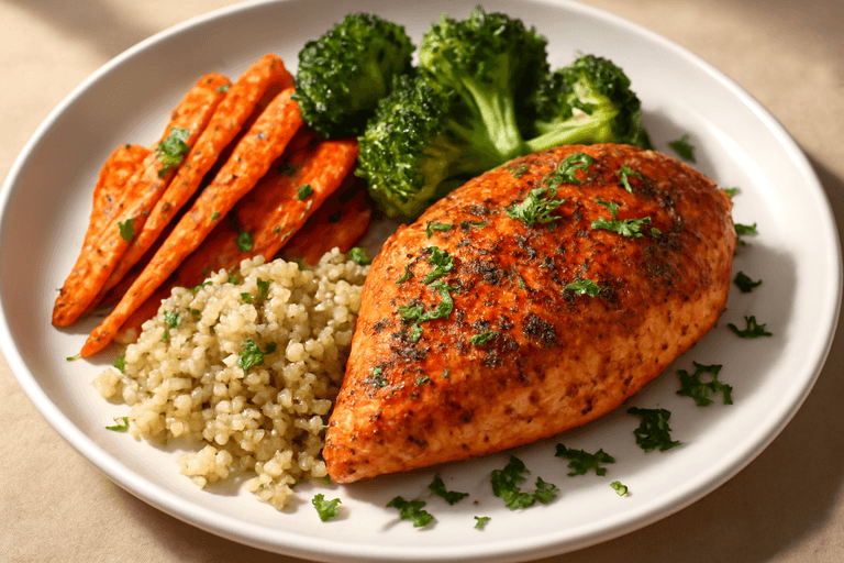 Kryddig kycklingfilé med rostade grönsaker och quinoa