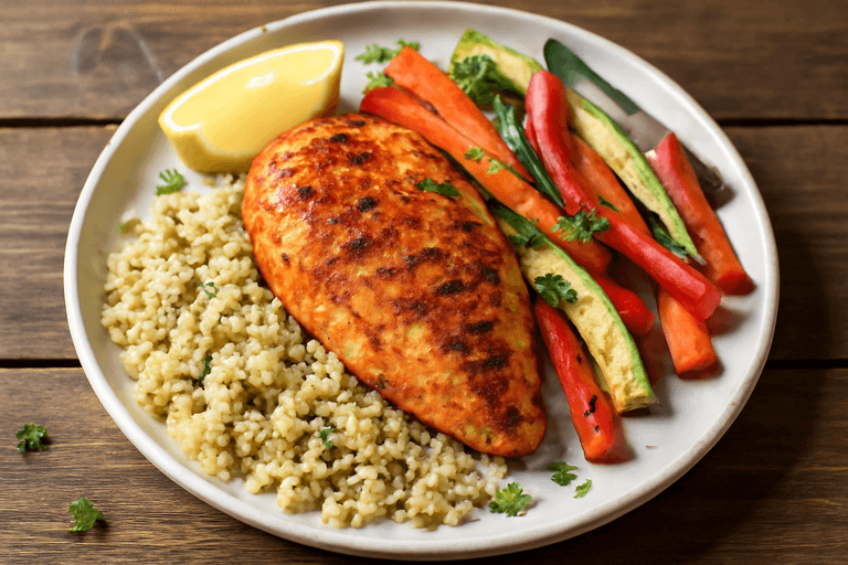 Pollo a la plancha con quinoa y vegetales asados