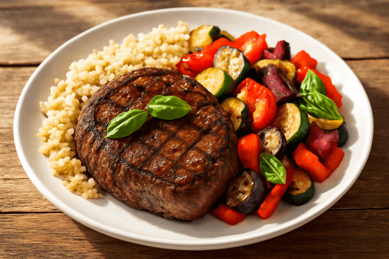 Proteinreiches Steak mit mediterranem Ofengemüse und Quinoa