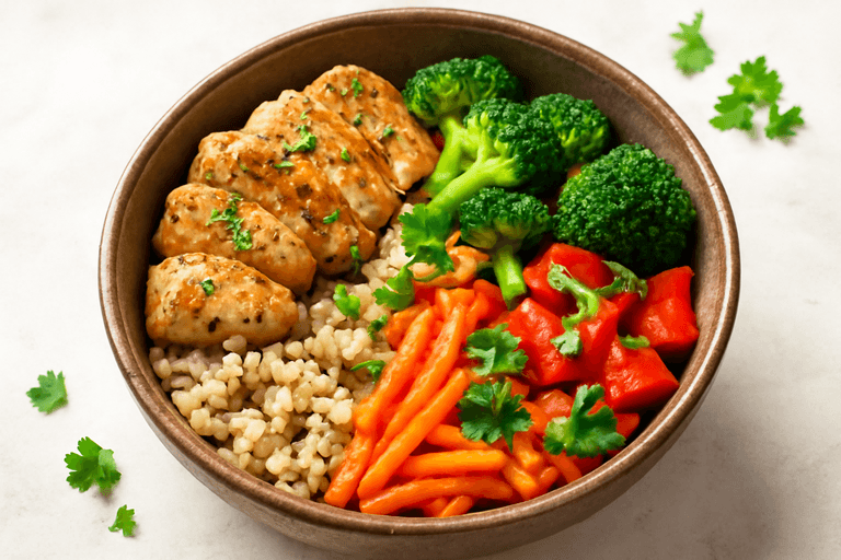 Proteinreicher Hähnchenreis-Bowl mit Gemüse