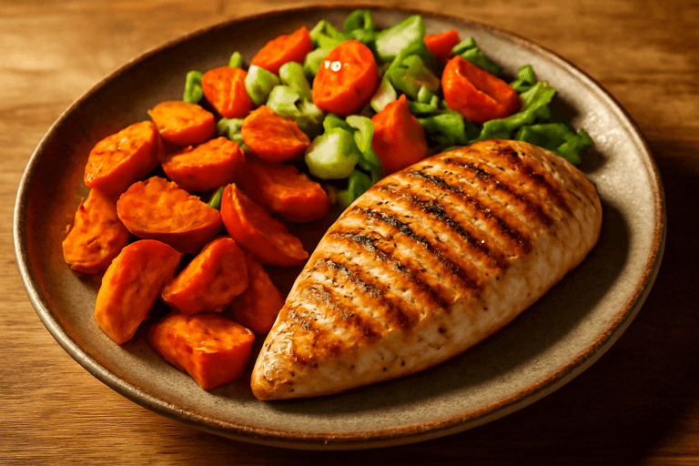 Grillad kycklingfilé med rostad sötpotatis och fräsch grönsakssallad