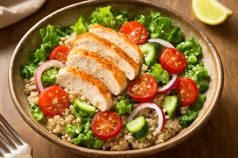 Лёгкий куриный салат с овощами и киноа
