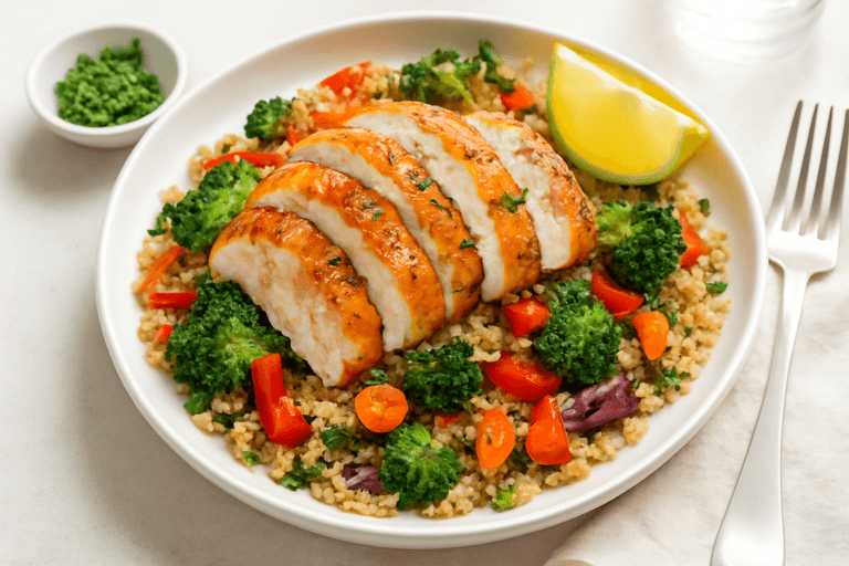 Kycklingfilé med rostade grönsaker och quinoa