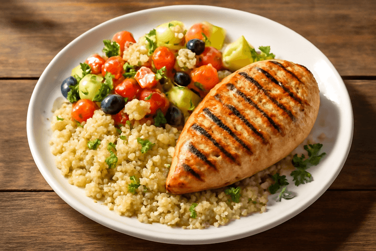 Pollo a la Plancha con Ensalada Mediterránea y Quinoa