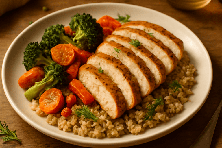 Запечённое куриное филе с овощами и киноа