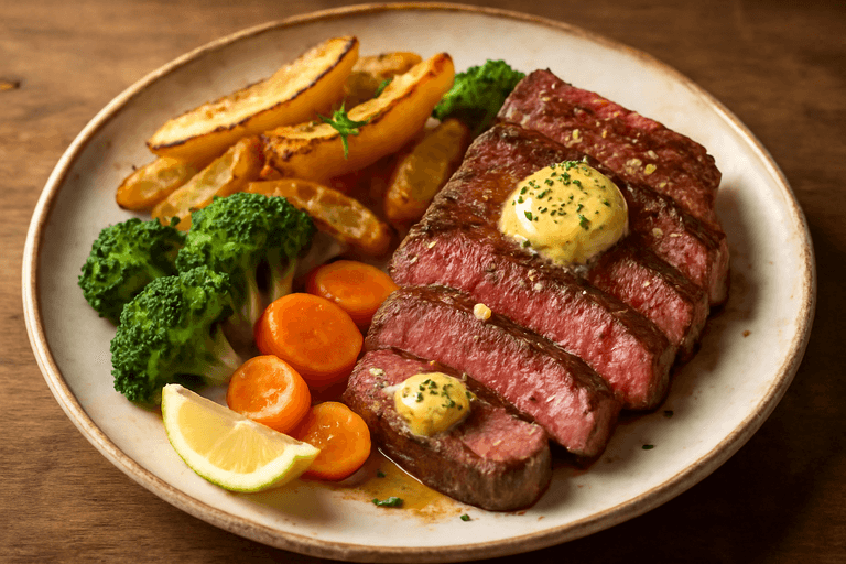 Proteinreiches Rindersteak mit Ofenkartoffeln und Gemüse