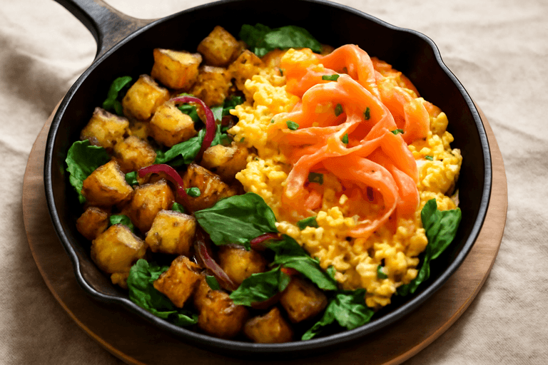 Power-Pfannenfrühstück mit Eiern, Kartoffeln und Räucherlachs