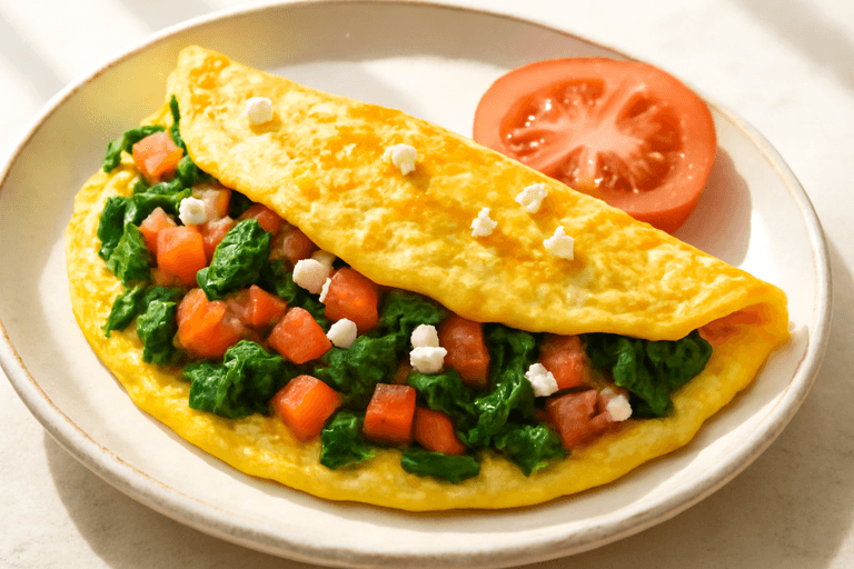 Omelette clásico de espinaca y tomate