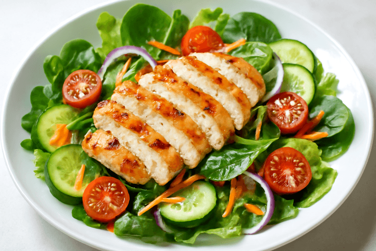 Ensalada templada de pollo a la plancha y vegetales clásicos