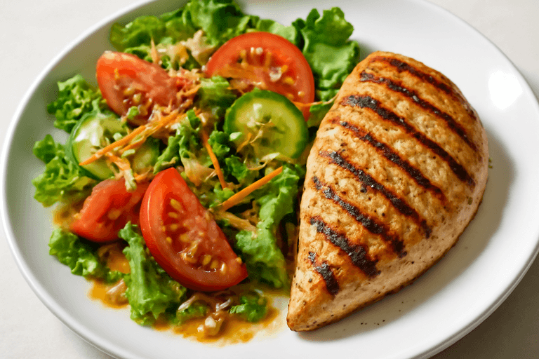 Pollo a la plancha con ensalada fresca y vinagreta ligera