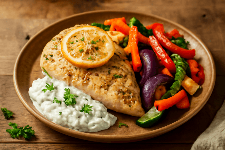 Kyllingfilet med ovnsbakte grønnsaker og urtetzatziki