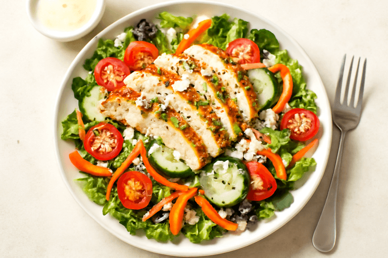 Kyllingsalat med sprø grønnsaker og dressing med sitron-yoghurt