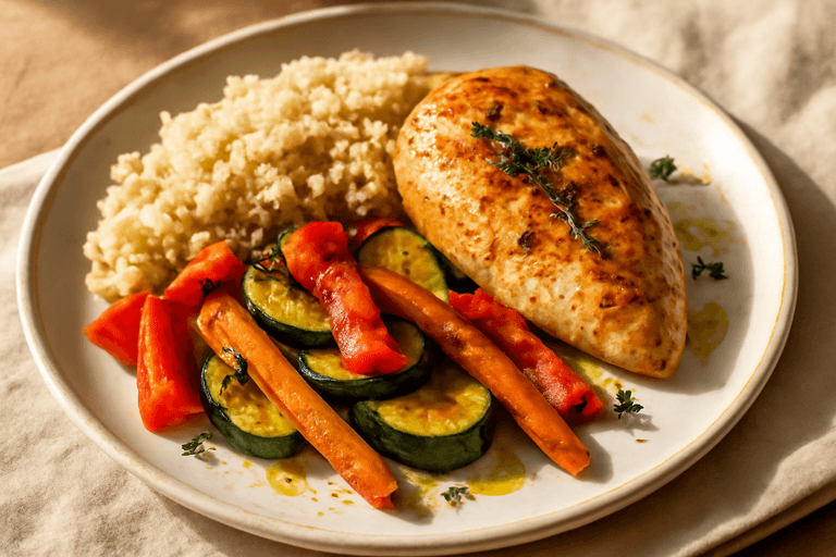 Poulet rôti aux légumes parfumés & quinoa