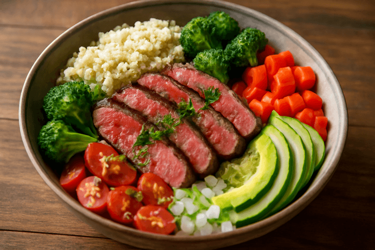 Herzhafte Rindersteak-Bowl mit Quinoa, Gemüse & Avocado