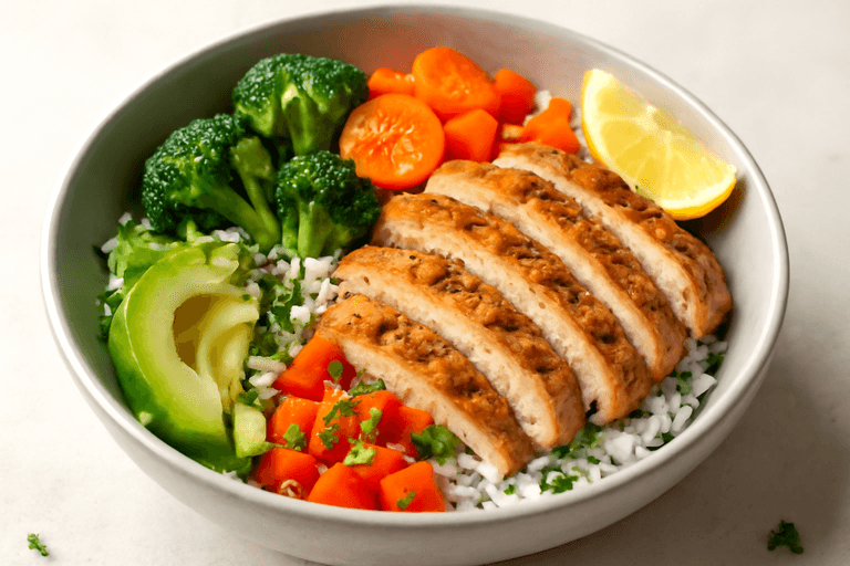 Proteinreicher Hähnchen-Reis-Bowl mit Avocado & buntem Gemüse