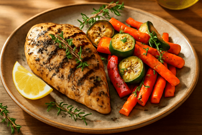 Poulet grillé aux herbes et légumes rôtis