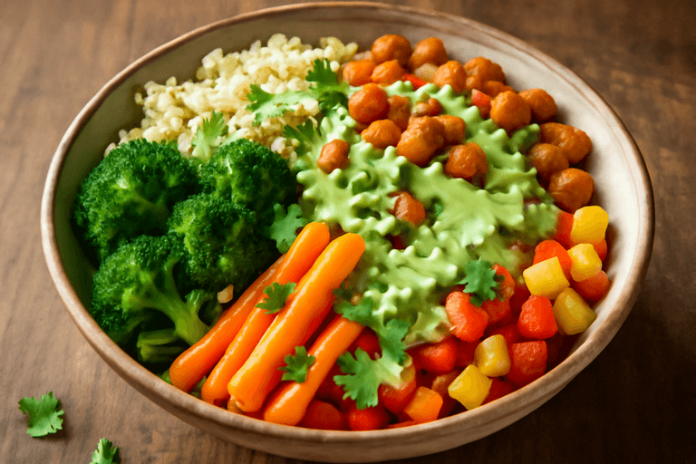 Veganer Protein-Buddha-Bowl mit gerösteten Kichererbsen
