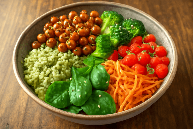 Bunte Quinoa-Gemüse-Bowl mit gerösteten Kichererbsen