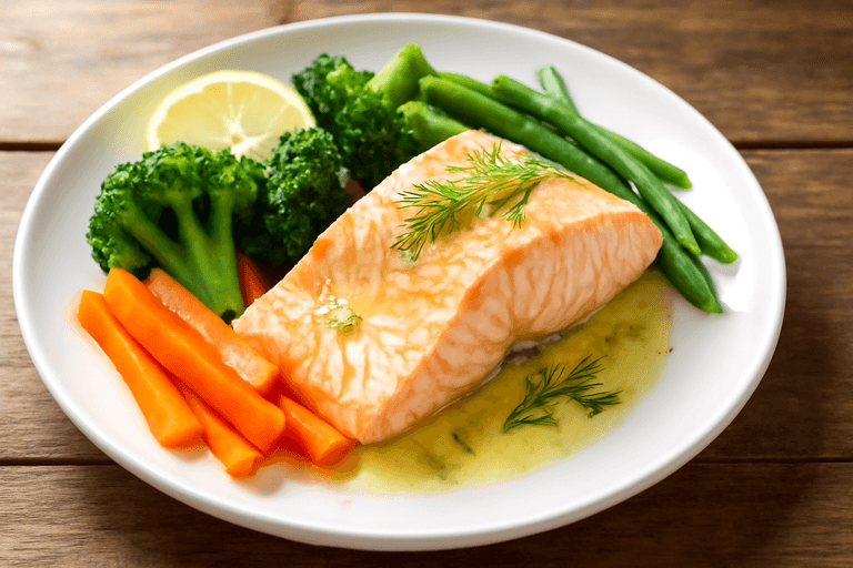 Лосось на пару с овощами и лимоном
