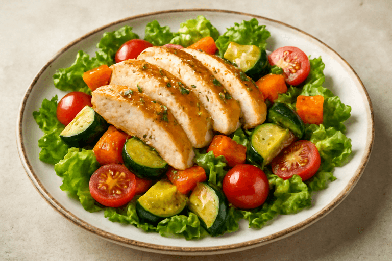Тёплый салат с куриной грудкой и овощами