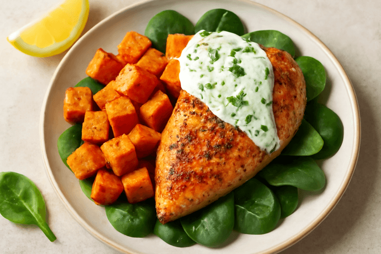 Ugnsbakad kycklingfilé med rostad sötpotatis och fräsch citronyoghurt