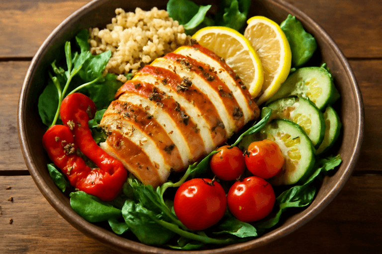 Klassisk Kycklingsallad med Quinoa och Rostade Grönsaker