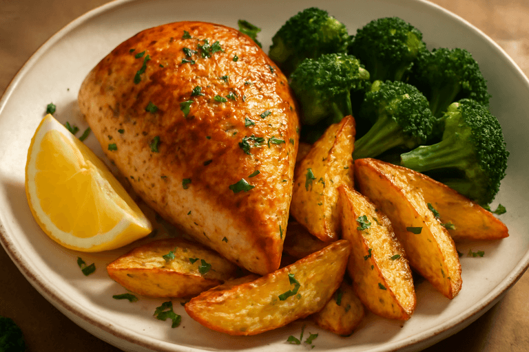 Saftiges Hähnchenbrustfilet mit Ofenkartoffeln und Brokkoli