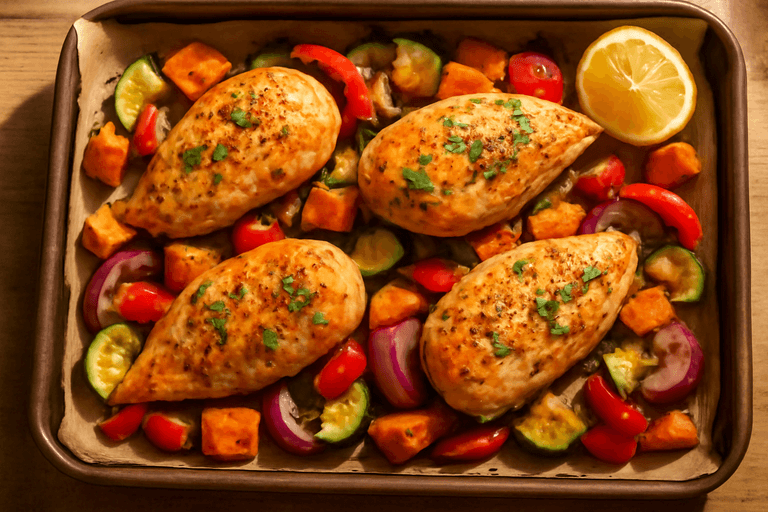 Saftig ovnsbakt kyllingfilet med grønnsaker og urter