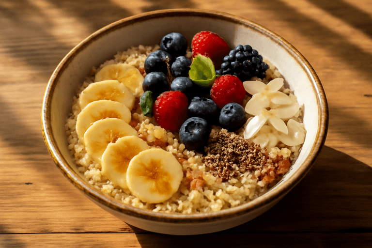 Proteinreiches Veganes Frühstücks-Bowl mit Quinoa & Beeren