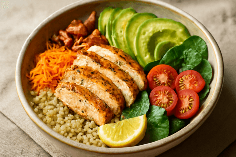 Proteinrik kyckling- & quinoa-bowl med avokado och rostade nötter