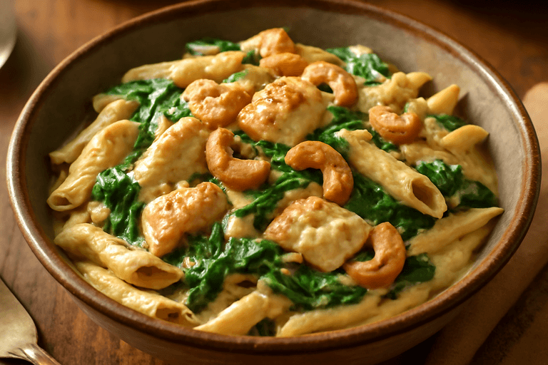 Krämig kycklingpasta med spenat och cashewnötter