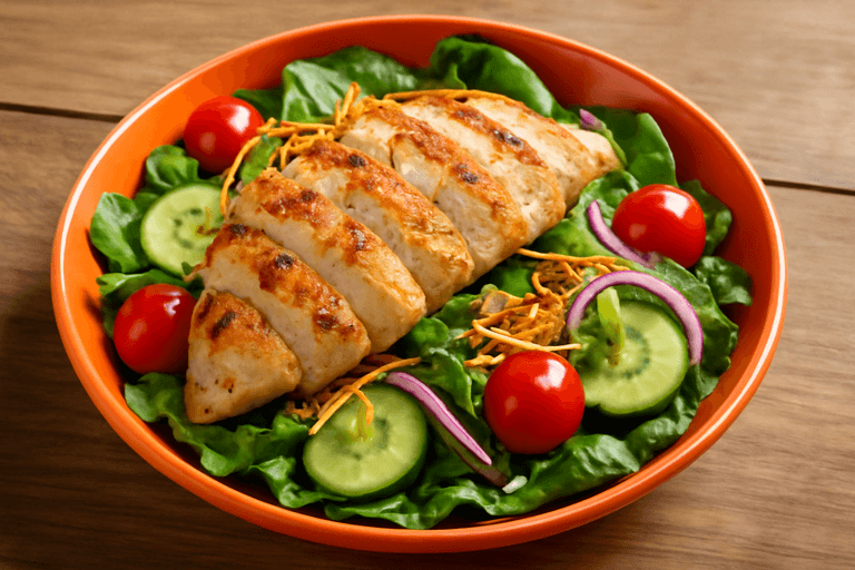 Ensalada clásica de pollo a la plancha y vegetales frescos