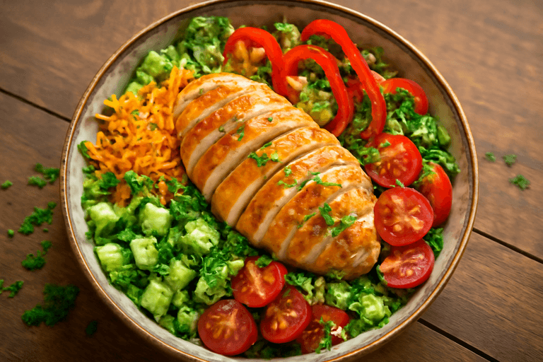 Salade Croquante de Poulet Grillé aux Légumes Colorés