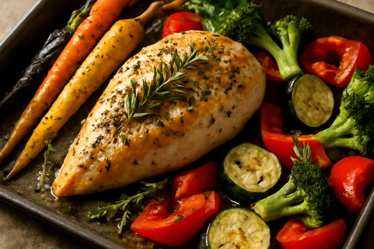 Poulet rôti aux herbes et légumes colorés