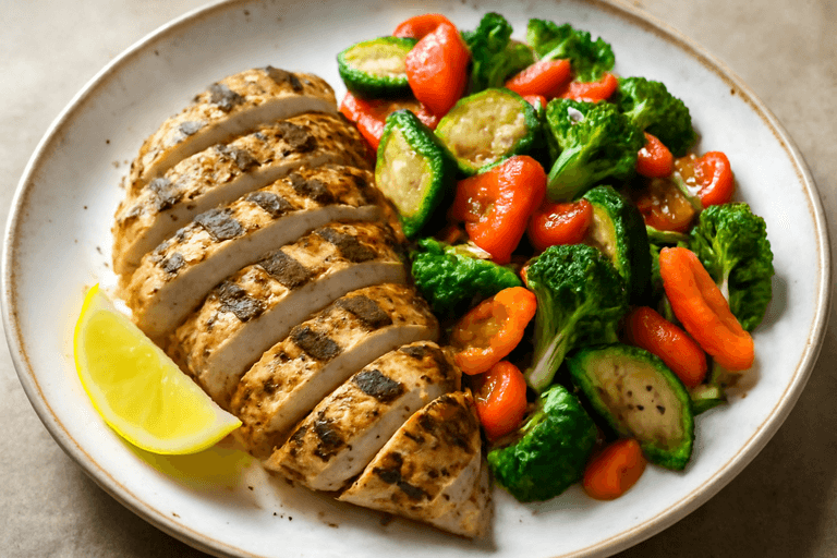 Poulet grillé aux herbes méditerranéennes et légumes sautés
